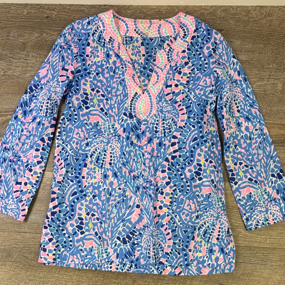 Lilly Pulitzer Blue & Pink Printed Tunic Top Size XS | Long Sleeve Popover